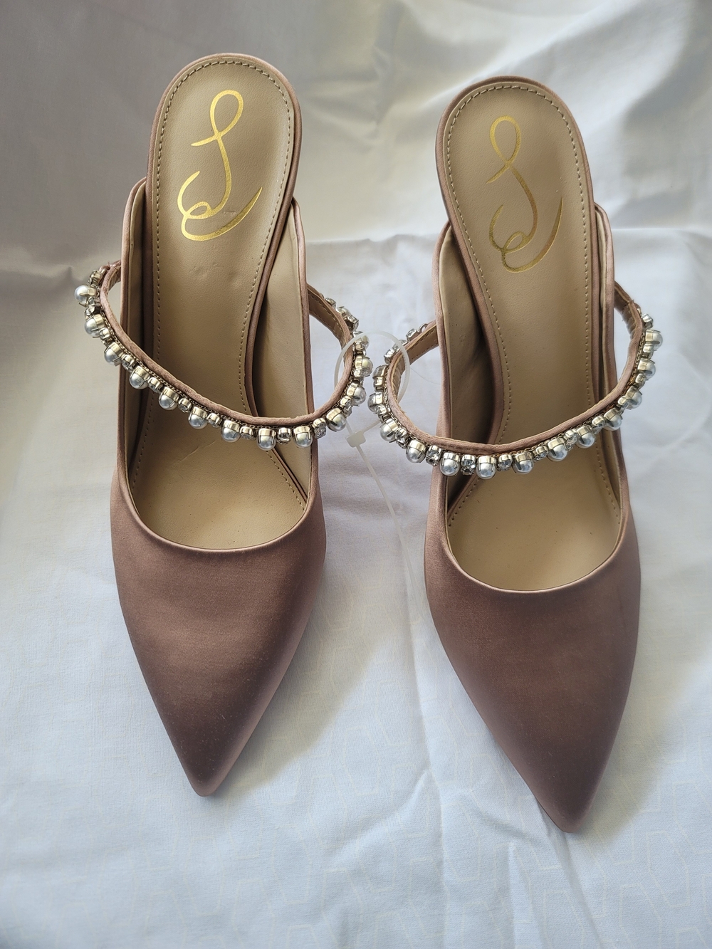 Sam Edelman Blush Taupe Pointed-Toe Mules with Pearl-Trim Strap